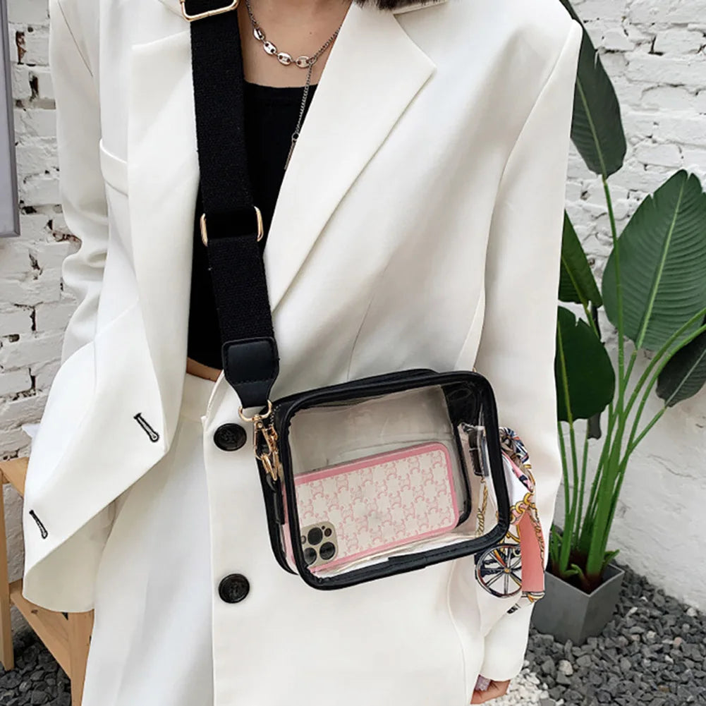 Transparent Shoulder Bag Stadium Approved PVC Envelope Crossbody Handbag Zipper with Silk Scarf Square Purse for Outdoor Travel