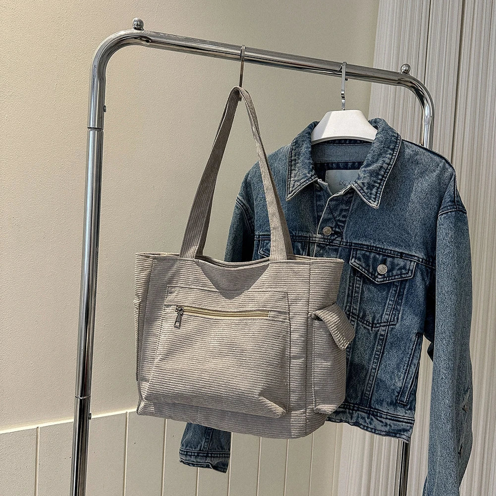 Women Corduroy Hobo Bag Large Capacity Casual Shoulder Tote Handbag Outer Pocket Satchel Bag Lightweight Shopping Bag