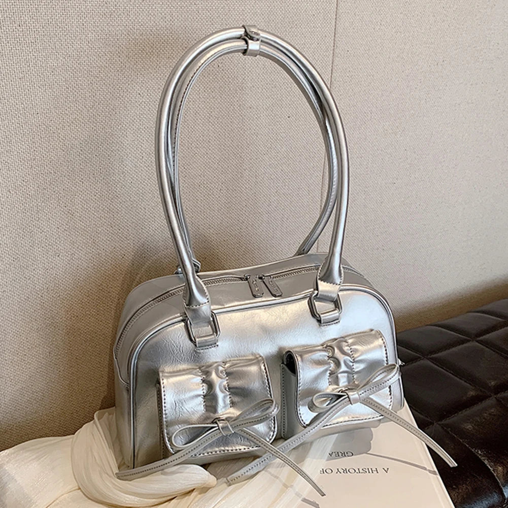 Women Trendy Handbags Double Pockets PU Leather Stylish Underarm Bag with Bow Casual Armpit Bag Solid Color for Travel Vacation