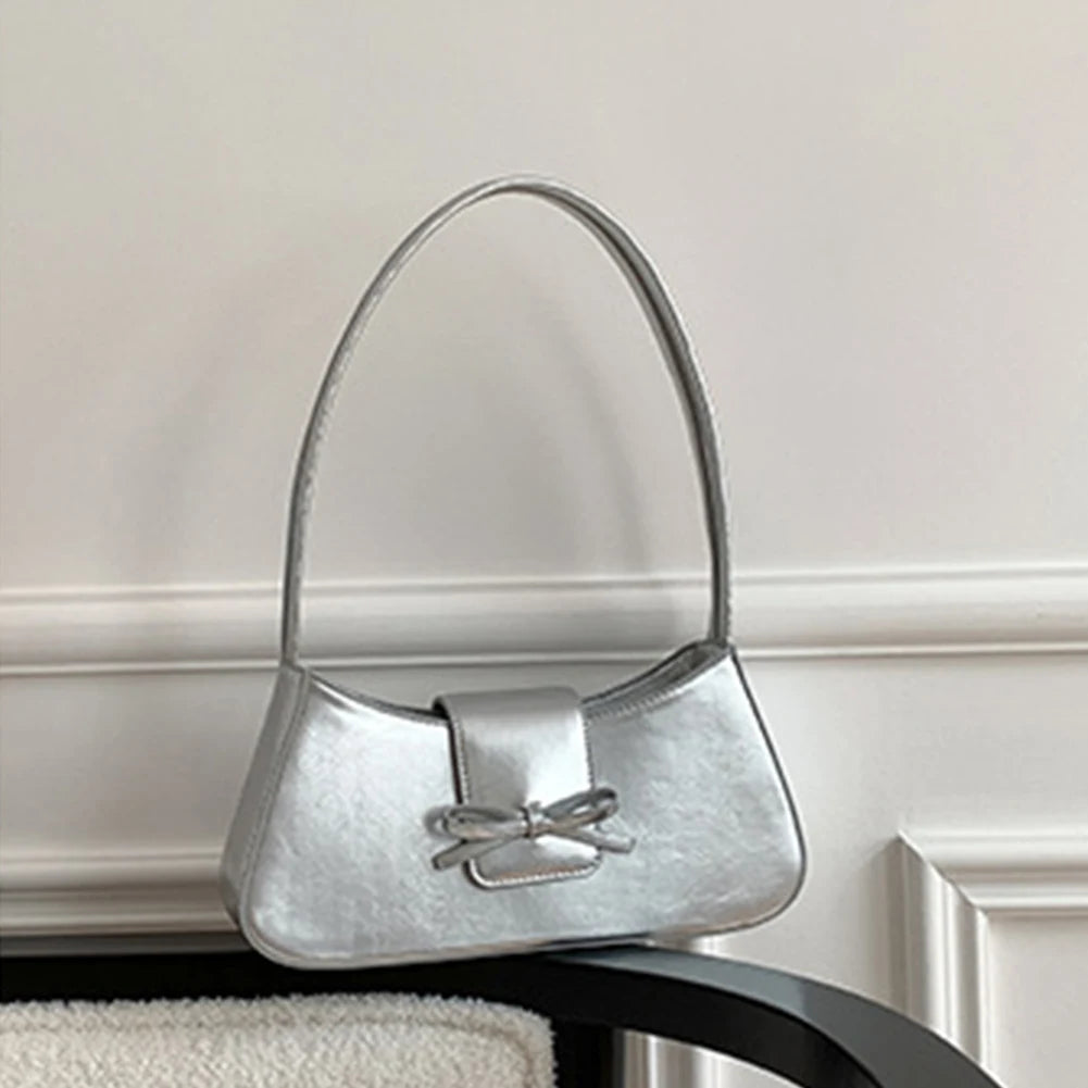 Sweet Bow Shoulder Bag with Zipper Closure Fashion Handbag Retro Everyday Purse Trendy Underarm Bag for Women and Girls