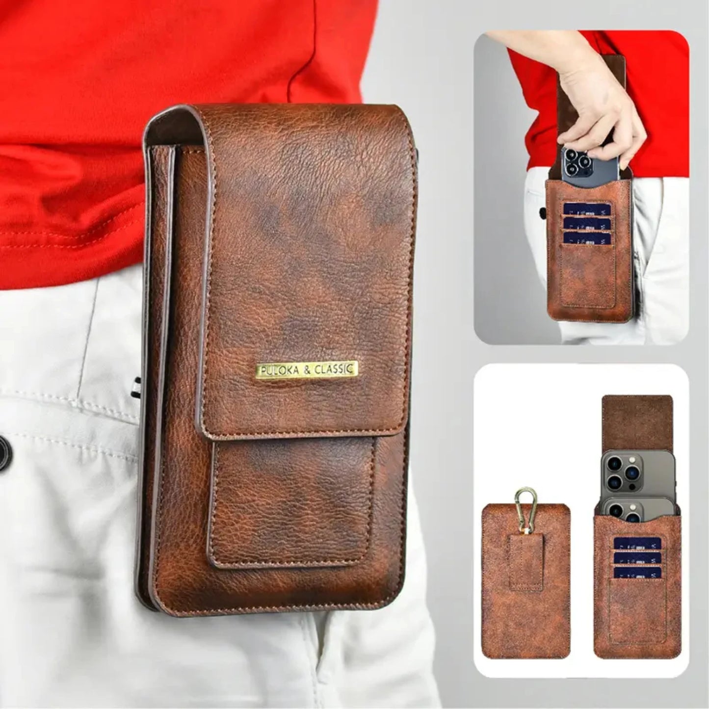 7.2 Inch General Leather Double Layer Phone Waist Baguette Bag With Hiking Buckle