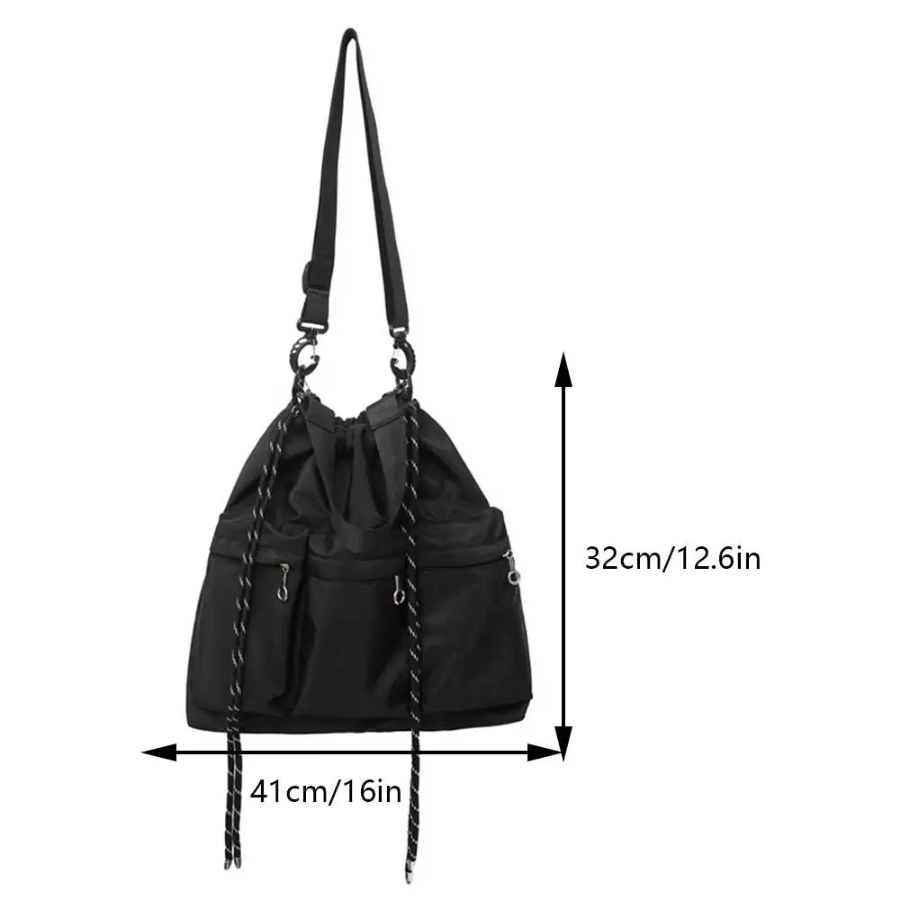 Unisex Simple Shoulder Bags Oxford Cloth Drawstring Black Shopping Bag Multi-pocket Lage Capacity Versatile Outdoor Daily Bag