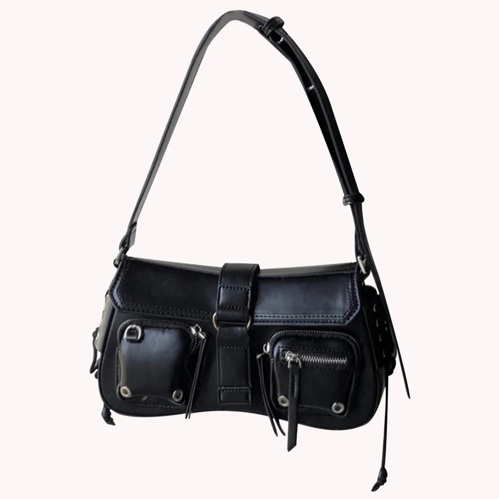Women Punk Shoulder Bag PU Leather Retro Hobo Bag Multipocket Y2K Adjustable Strap Female Commute Daily Bag