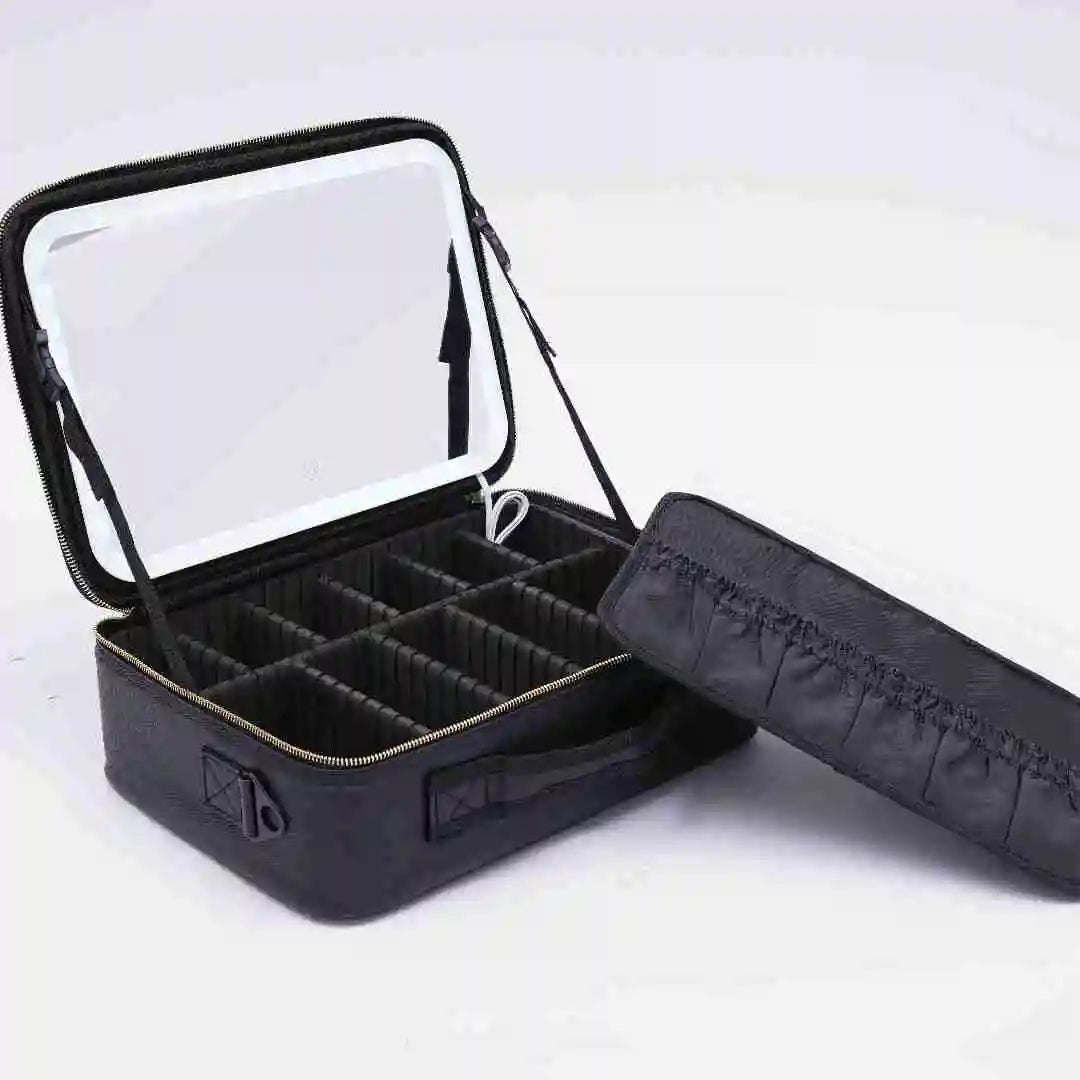 Black/Pink Large Smart LED Cosmetic Case with Mirror - Portable Travel Makeup Bag
