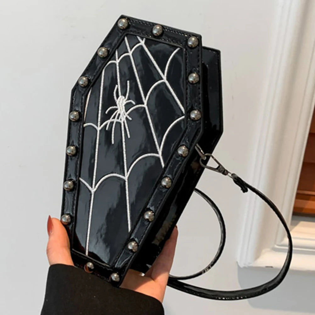 Women Coffin Satchel Purse Cartoon Gothic Crossbody Bag Strap Adjustable Gothic Coin Purse Spider Coffin Bag Halloween Candy Bag