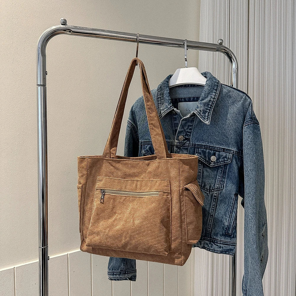 Women Corduroy Hobo Bag Large Capacity Casual Shoulder Tote Handbag Outer Pocket Satchel Bag Lightweight Shopping Bag