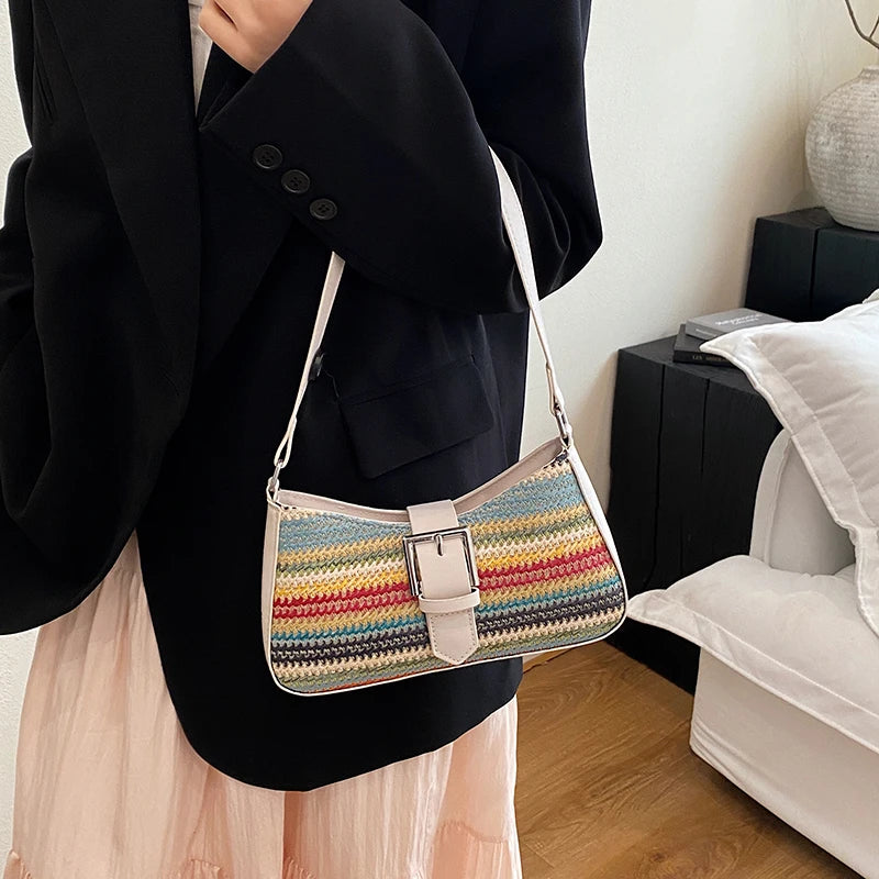 Women Straw Woven Bag Fashion Woven Handbag Large Capacity Weaving Shoulder Purse Handwoven Straw Bag Summer Beach Bag