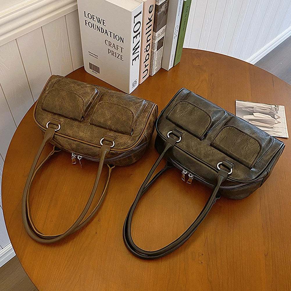 Women Fashion Armpit Bag Double Pocket PU Small Casual Handbag Solid Color Stylish Underarm Bags Large Capacity Retro Handbag