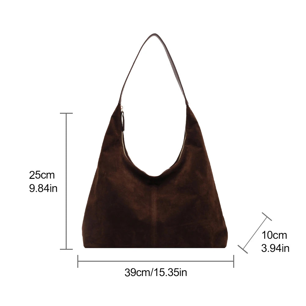 Women Suede Shoulder Bag with Zipper Hobo Bag Large Capacity Underarm Bag Solid Slouchy Bag Commuter Travel Bag