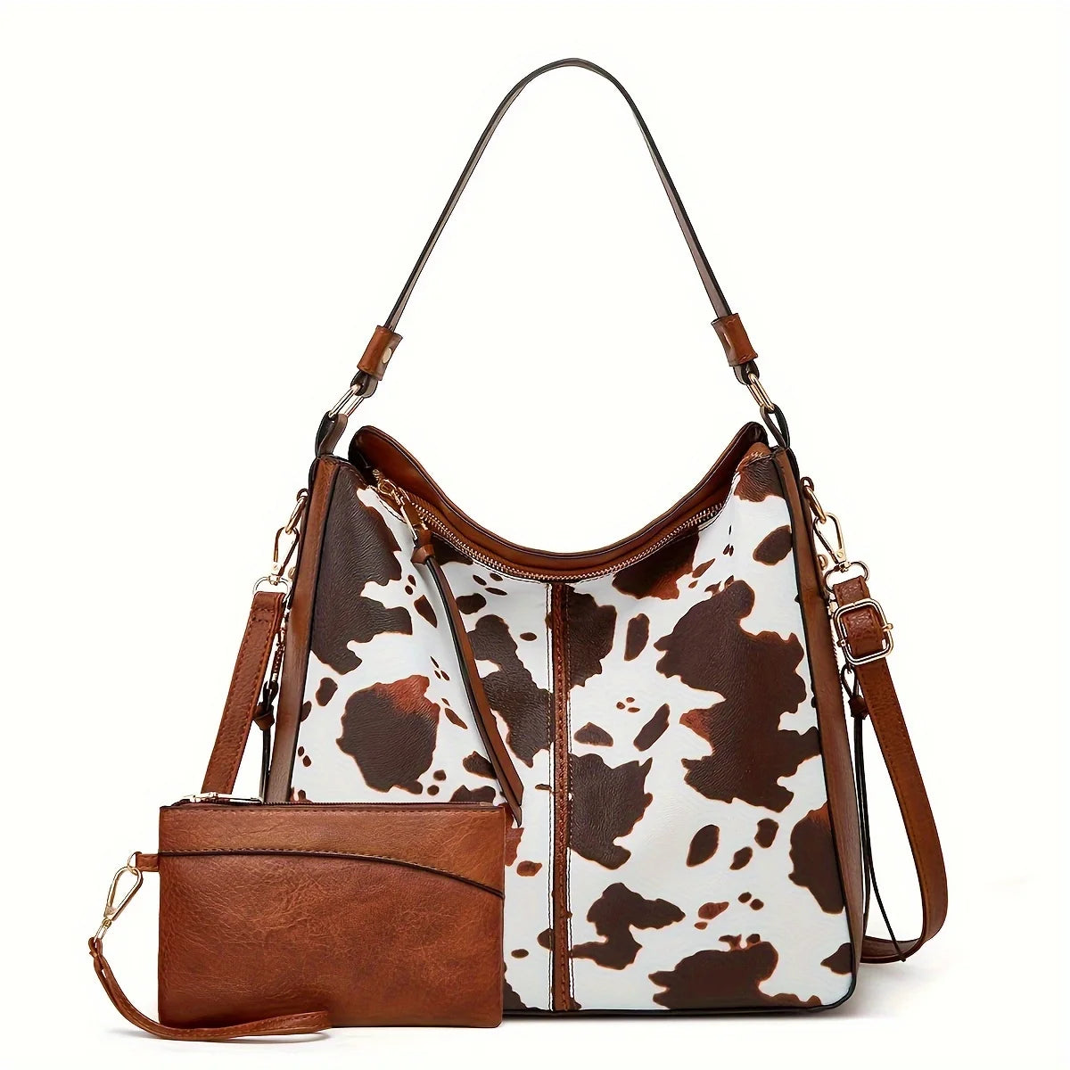 2PC Set Purses Tote Bag For Women, Handbags PU Leather Large Shoulder Bag, Cow Pattern Work Bags With Multi-Pockets