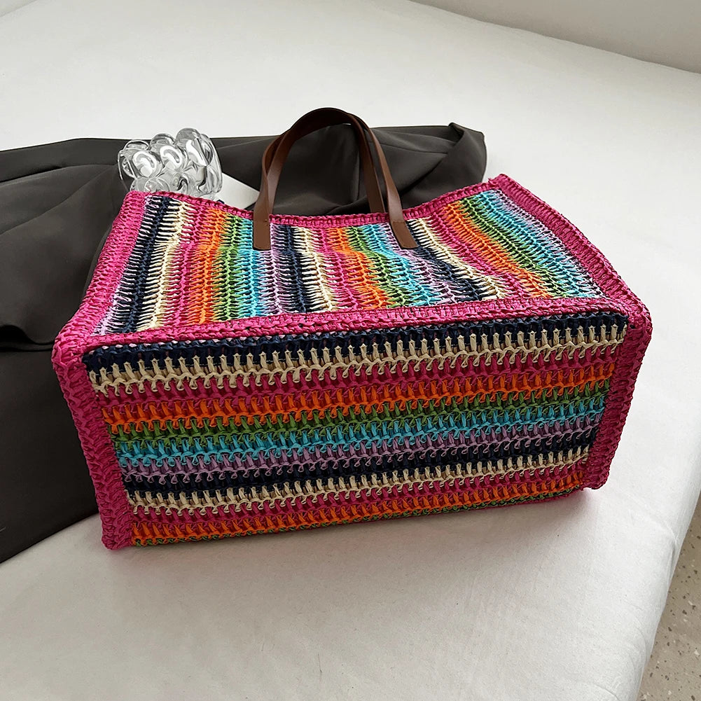 Women Striped Woven Tote Rainbow Straw Shoulder Bag Large Capacity Hand-Woven Tote Bag Straw Woven Handbag Outdoor Travel Bag