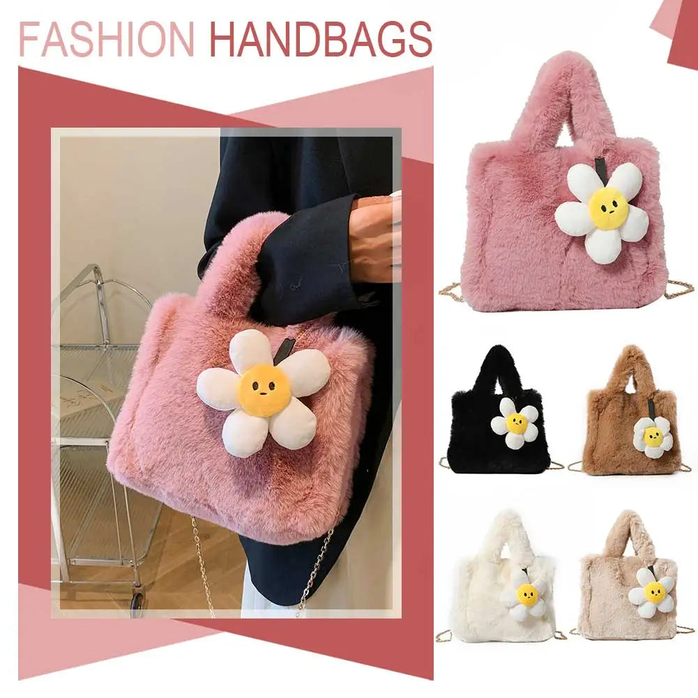 Women Plush Shoulder Bag with Chain Top Handle Bag Adjustable Strap Furry Purse Handbag for Work Travel