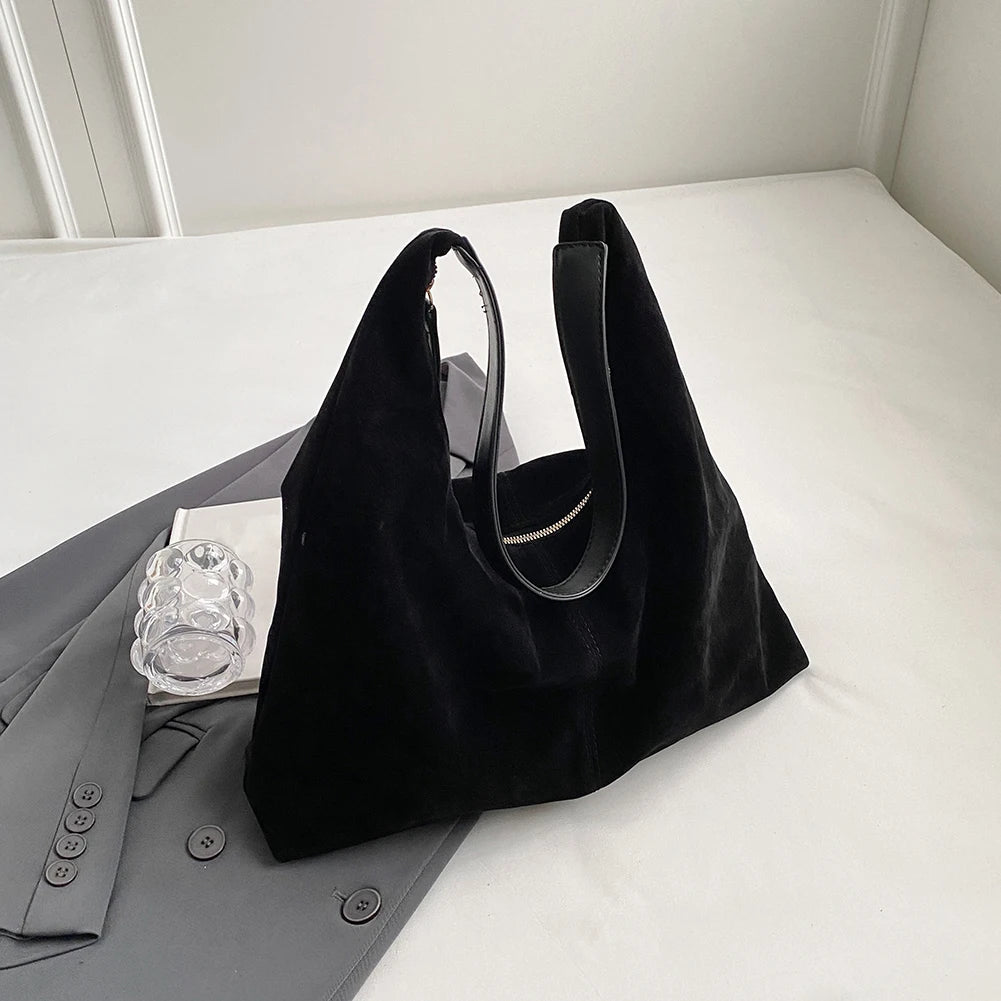 Women Suede Tote Bag with Zipper Shoulder Bag Large Capacity Hobo Bag Solid Slouchy Bag Commuter Travel Bag