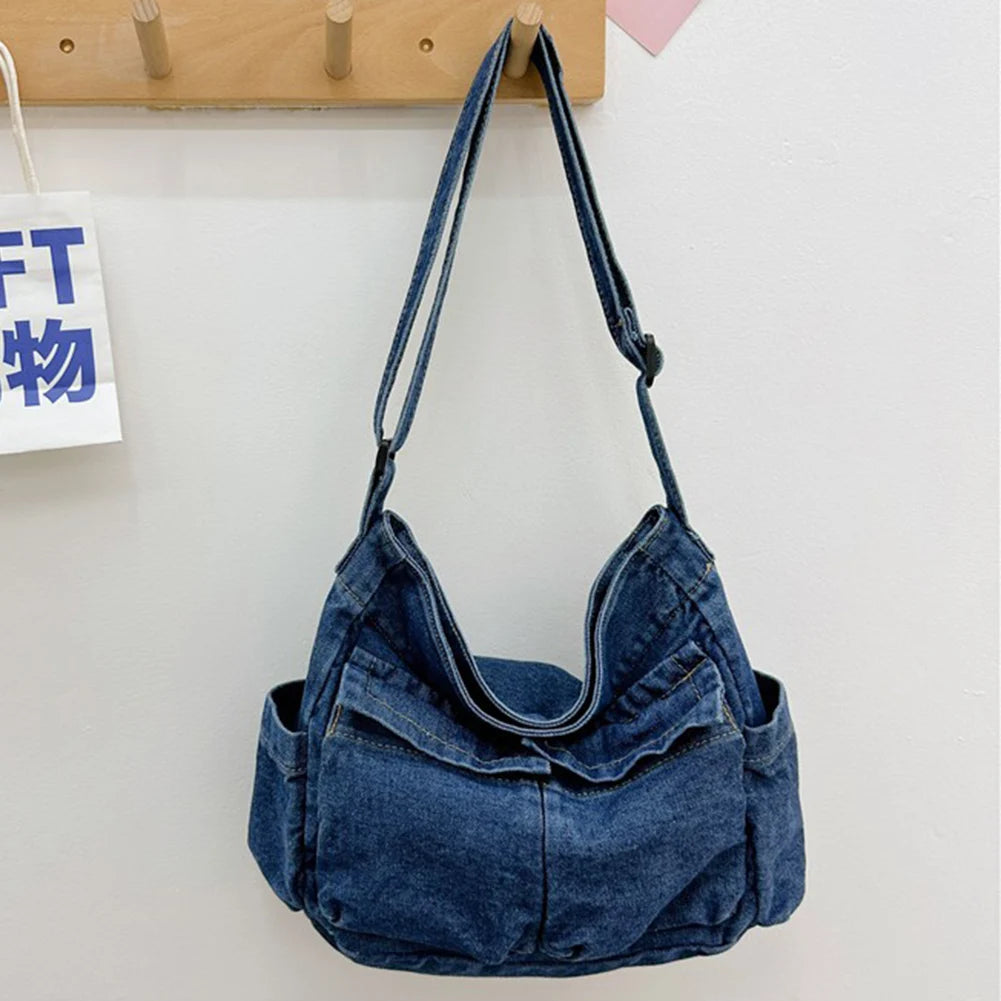 Women Stylish Crossbody Bag Large Capacity Denim Daily Tote Bag Adjustable Strap Trendy Carrying Bag Multifunction Chic Hobo Bag
