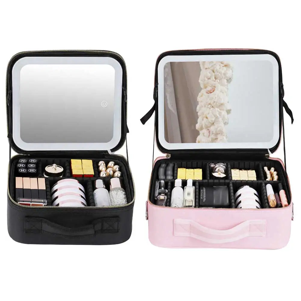 Smart LED Cosmetic Case with Mirror Travel Makeup Bags Large Capacity Fashion Simple PU Leather Casual for Weekend Vacation