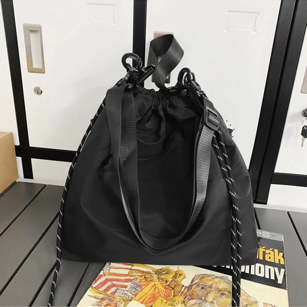 Unisex Simple Shoulder Bags Oxford Cloth Drawstring Black Shopping Bag Multi-pocket Lage Capacity Versatile Outdoor Daily Bag