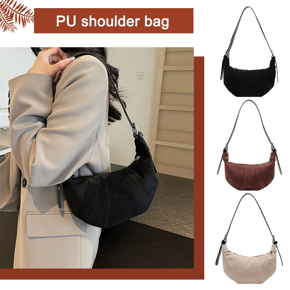 Women PU Fashion Shoulder Bag Zipper Closure Simple Tote Purse Half Moon Crossbody Bag Casual Underarm Bag Stylish Commuting Bag