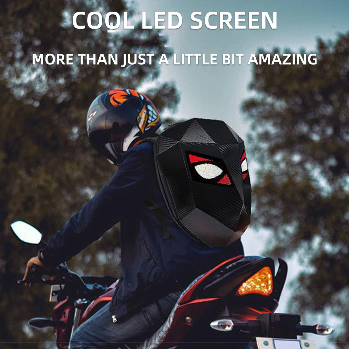 Motorcycle LED Screen Display Hard Shell Backpack Black Carbon Fiber DIY Eyes Riding Helmet Storage Bag Large Capacity Backpack