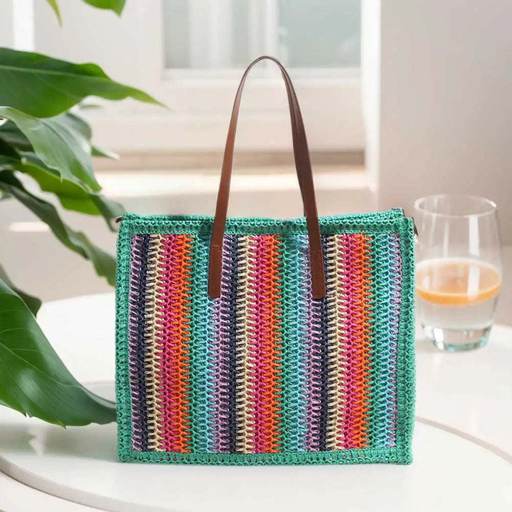 Women Striped Woven Tote Rainbow Straw Shoulder Bag Large Capacity Hand-Woven Tote Bag Straw Woven Handbag Outdoor Travel Bag