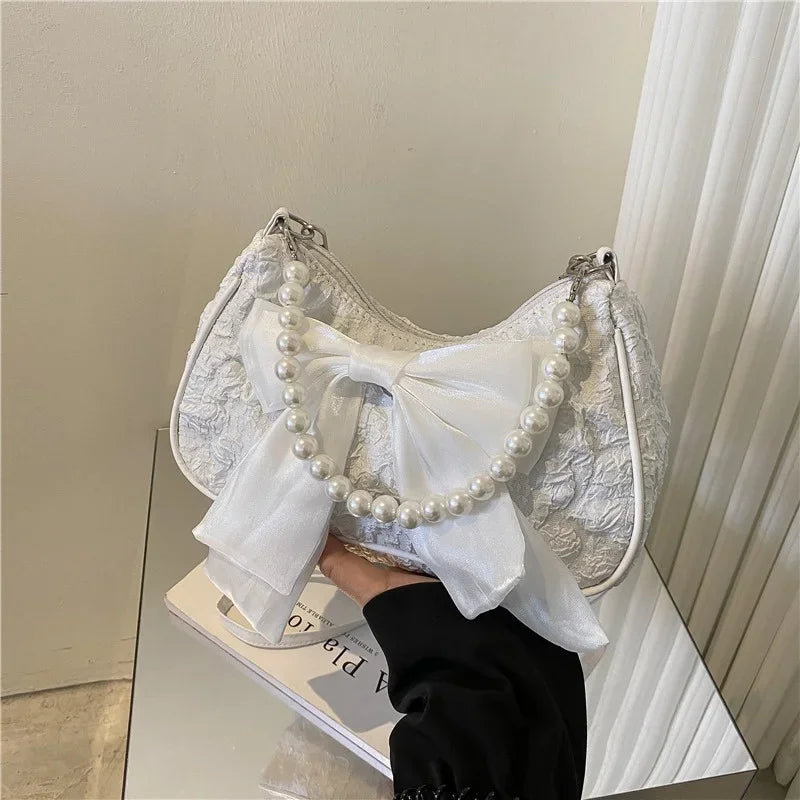 White Pleated Pearl Female Bag Vintage Luxury Designer Handbag Cute Bow Shoulder Bag Fashion Y2K Vintage Women's Purse Versatile
