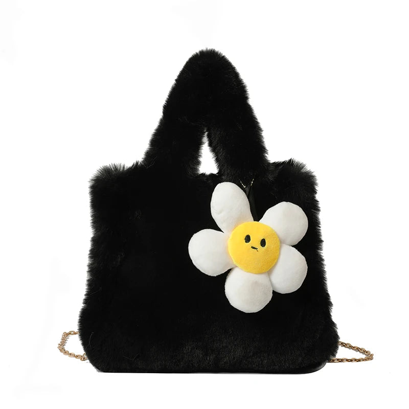 Women Plush Shoulder Bag with Chain Top Handle Bag Adjustable Strap Furry Purse Handbag for Work Travel