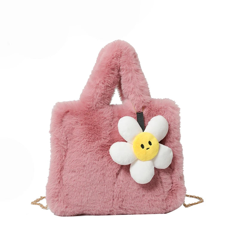 Women Plush Shoulder Bag with Chain Top Handle Bag Adjustable Strap Furry Purse Handbag for Work Travel