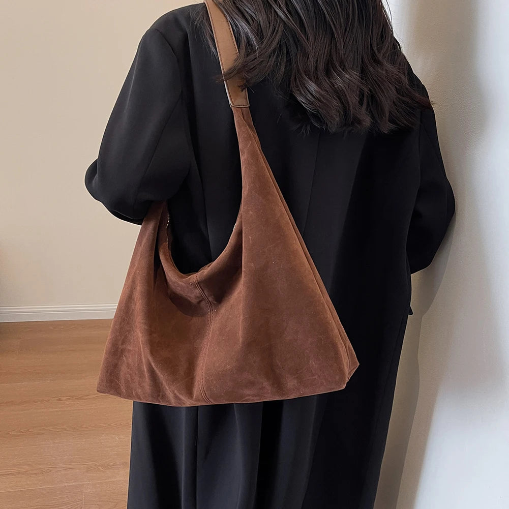 Women Suede Shoulder Bag with Zipper Hobo Bag Large Capacity Underarm Bag Solid Slouchy Bag Commuter Travel Bag