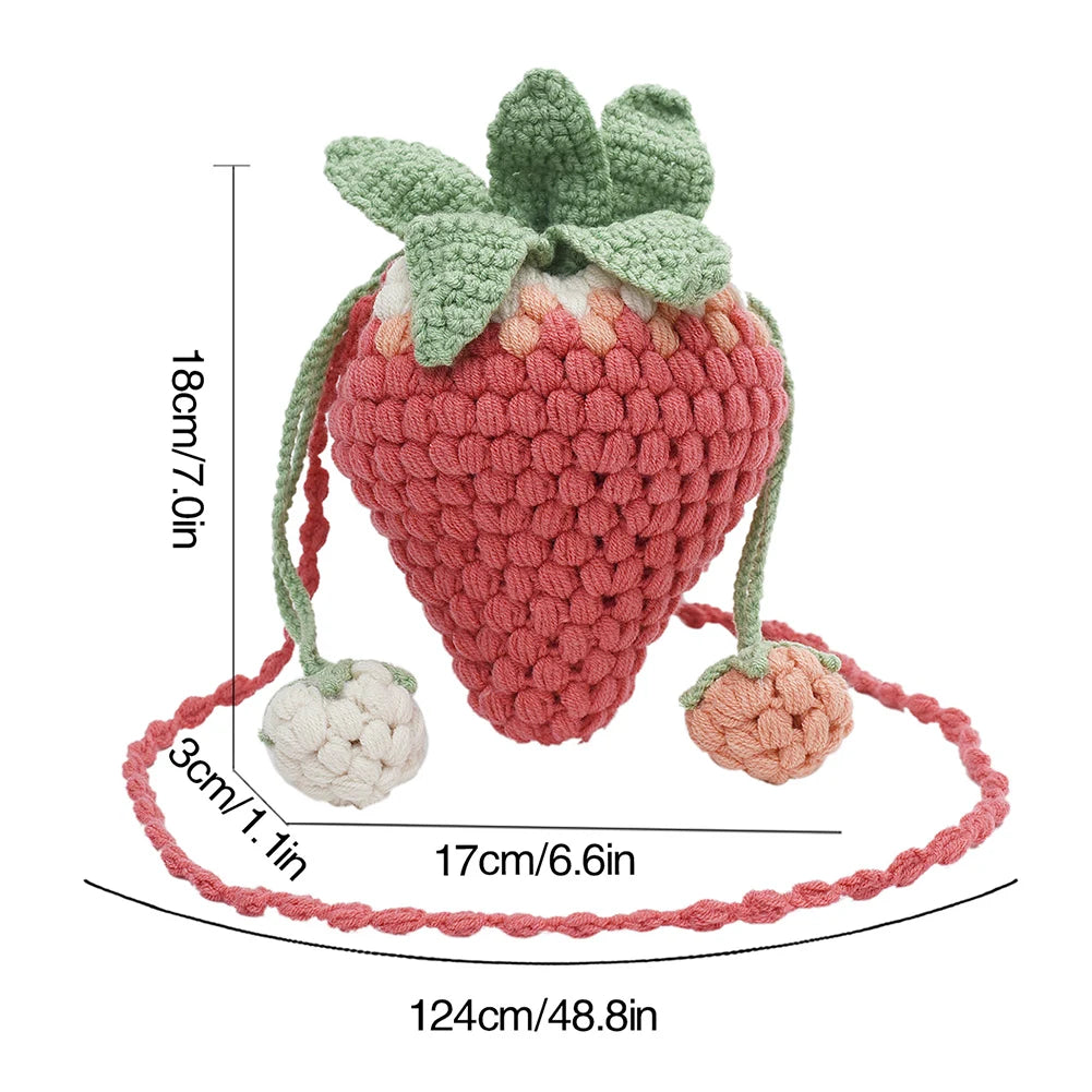 Women Kawaii Tote Handbag Versatile Strawberry Crossbody Bag Casual Woven Satchel Bag DIY Cartoon Crochet Bucket Purse