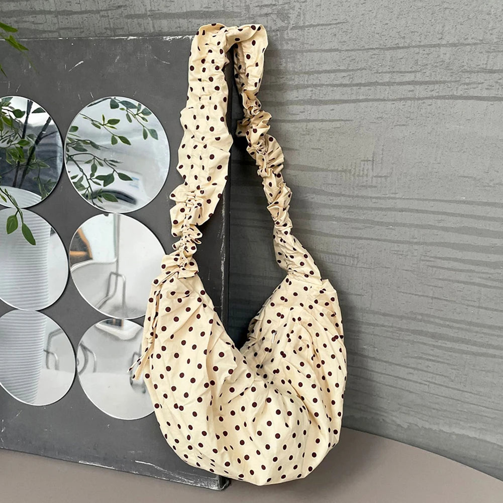 Women Fashion Shoulder Bag Large Capacity Polka Dot Retro Crossbody Bag All Matched Pleated Dumpling Bag for Outdoor Travel