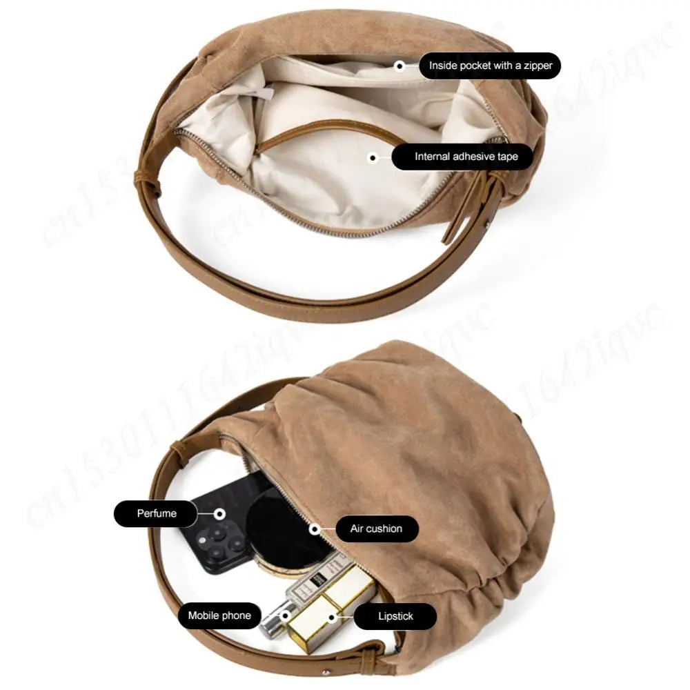 Suede Shoulder Bag for Women Men Ruched Handbag Adjustable Strap Crescent Bag Suede Hobo Bag with Multi-Pockets for Coummuting