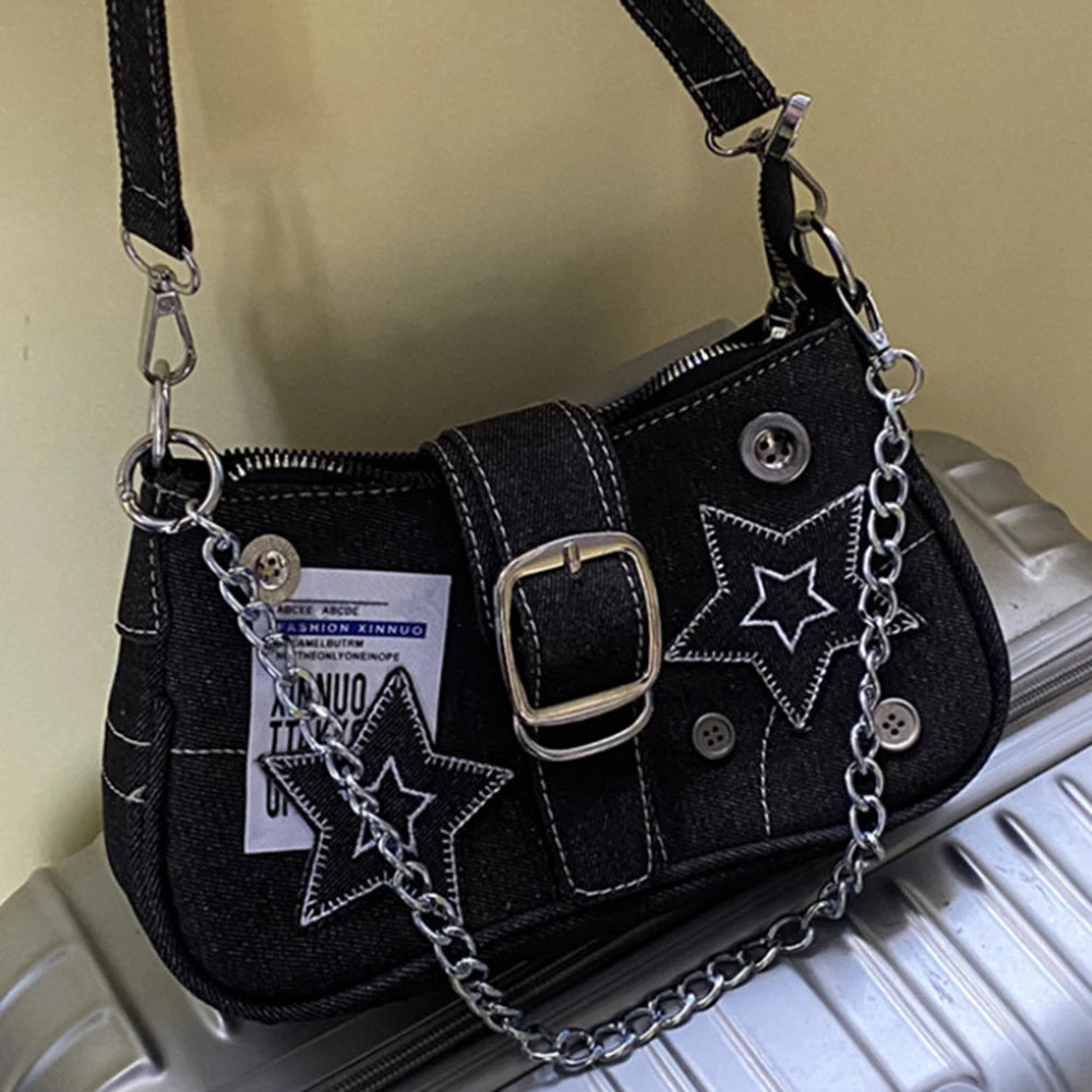 Women Casual Clutch Handbag Large Capacity Y2K Star Denim Underarm Bag Fashion Shoulder Bag Solid Color Chic Hobo Chain Bag