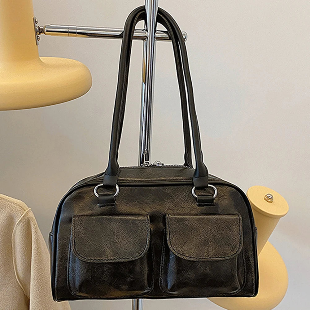 Women Fashion Armpit Bag Double Pocket PU Small Casual Handbag Solid Color Stylish Underarm Bags Large Capacity Retro Handbag