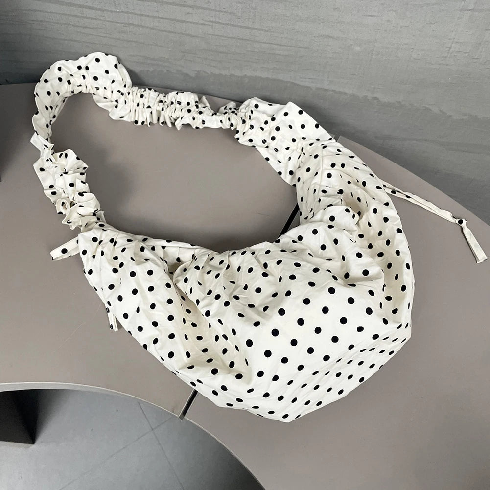 Women Fashion Shoulder Bag Large Capacity Polka Dot Retro Crossbody Bag All Matched Pleated Dumpling Bag for Outdoor Travel