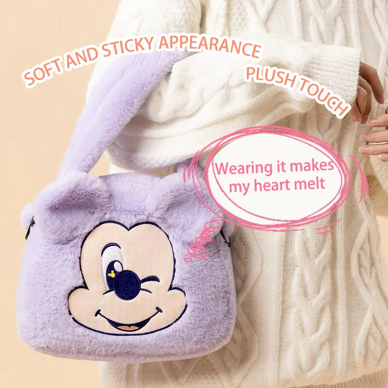 MINISO Disney Fury Season Series Mickey Tote Bag for Girls Crossover Portable Plush Shoulder Bag Cute Anime Cartoon Gift