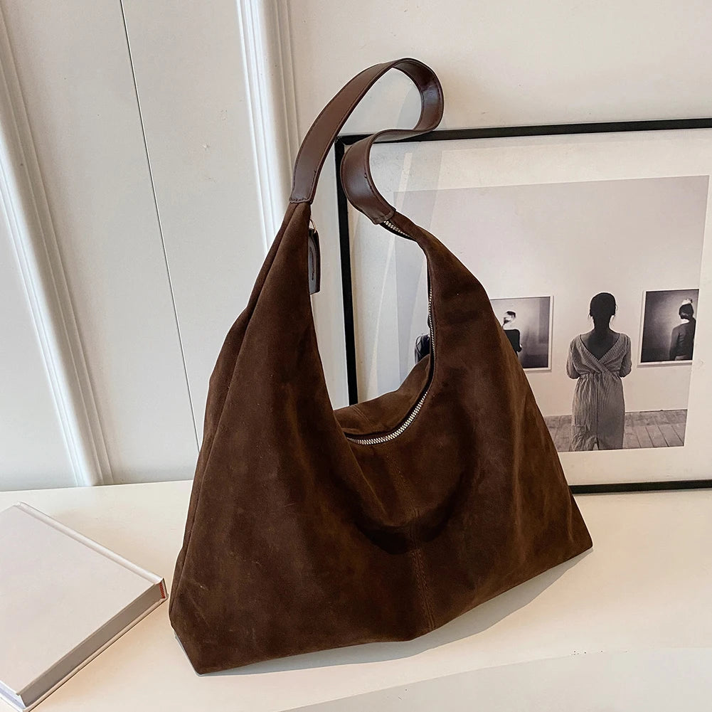 Women Suede Shoulder Bag with Zipper Hobo Bag Large Capacity Underarm Bag Solid Slouchy Bag Commuter Travel Bag