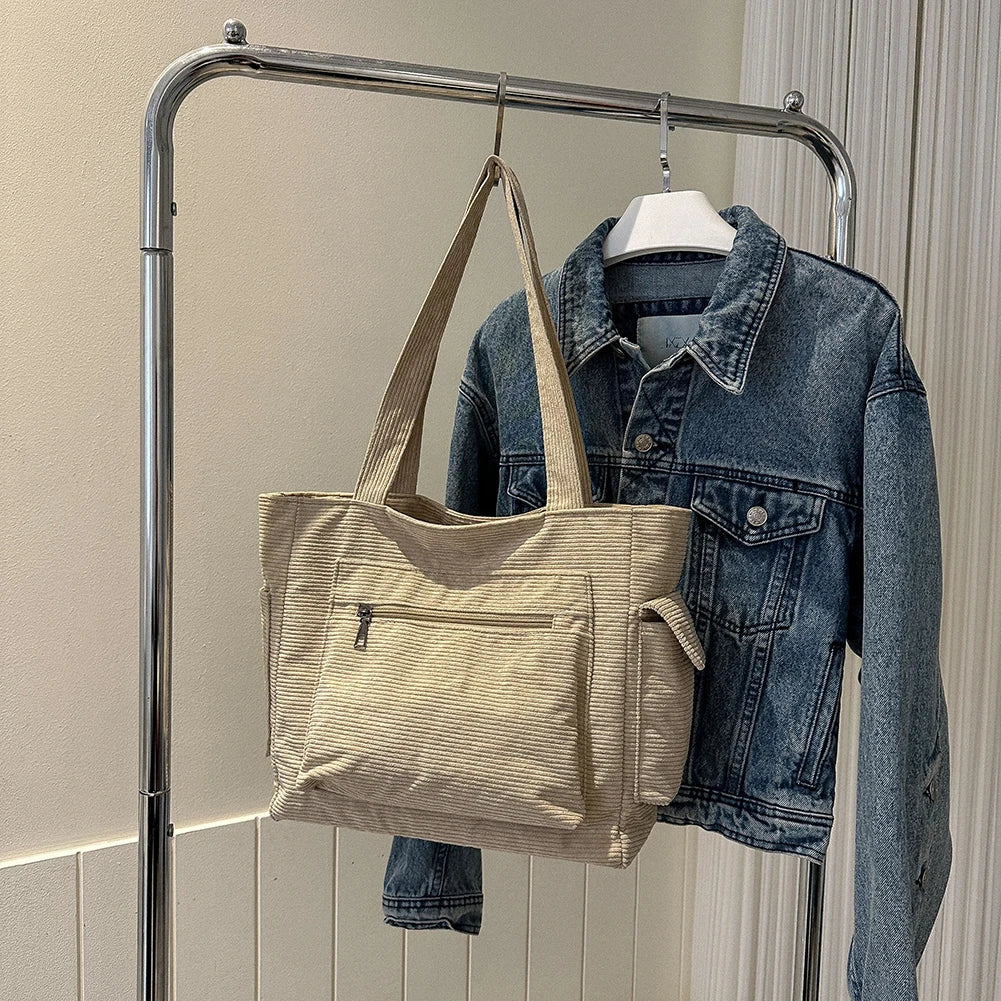 Women Corduroy Hobo Bag Large Capacity Casual Shoulder Tote Handbag Outer Pocket Satchel Bag Lightweight Shopping Bag