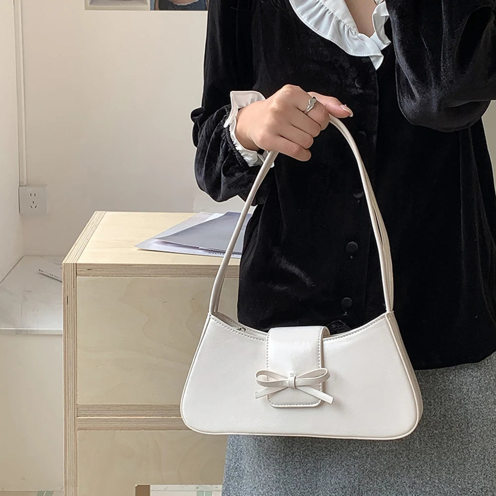 Sweet Bow Shoulder Bag with Zipper Closure Fashion Handbag Retro Everyday Purse Trendy Underarm Bag for Women and Girls