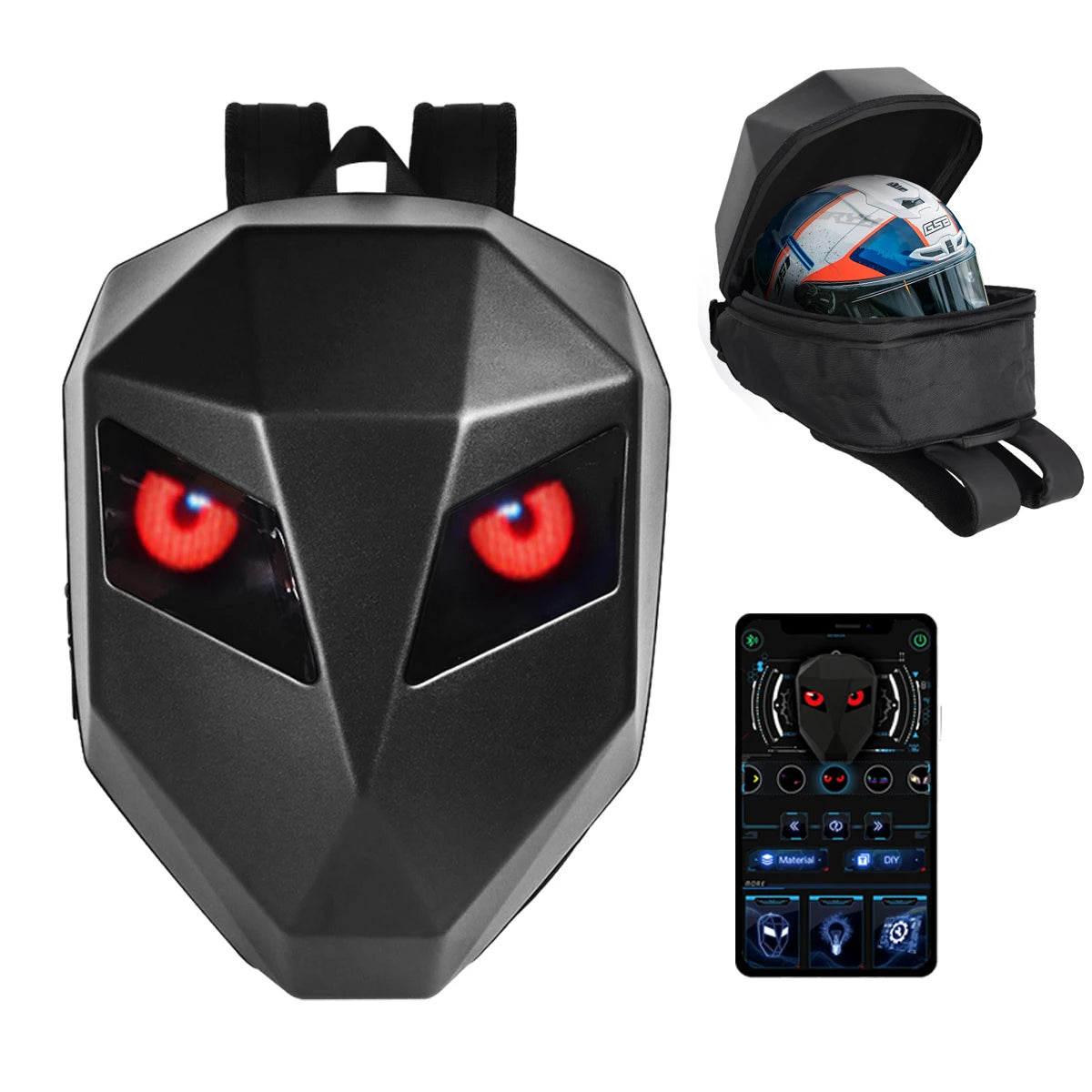 Motorcycle LED Screen Display Hard Shell Backpack Black Carbon Fiber DIY Eyes Riding Helmet Storage Bag Large Capacity Backpack