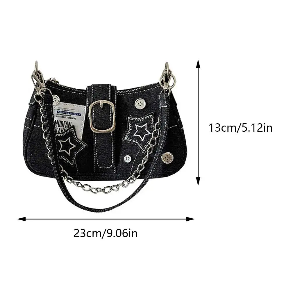 Women Casual Clutch Handbag Large Capacity Y2K Star Denim Underarm Bag Fashion Shoulder Bag Solid Color Chic Hobo Chain Bag