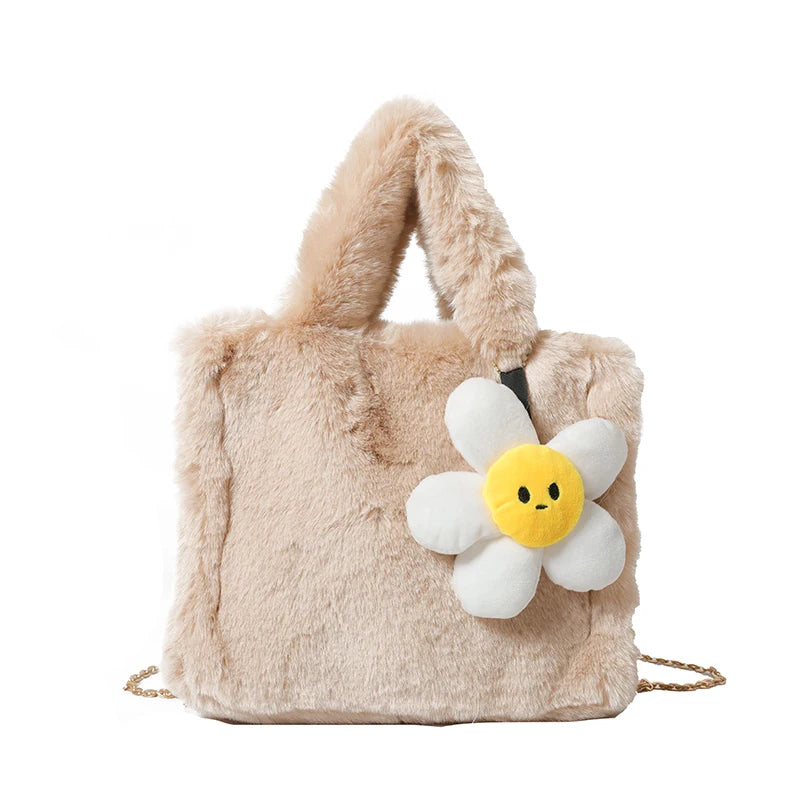 Women Plush Shoulder Bag with Chain Top Handle Bag Adjustable Strap Furry Purse Handbag for Work Travel