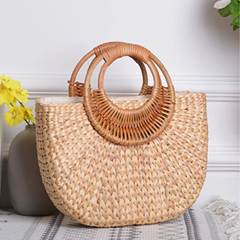 Women Summer Beach Bag Elegant Woven Top Handle Bag Travel Tote Purse Bucket Bag for Travel & Vacation