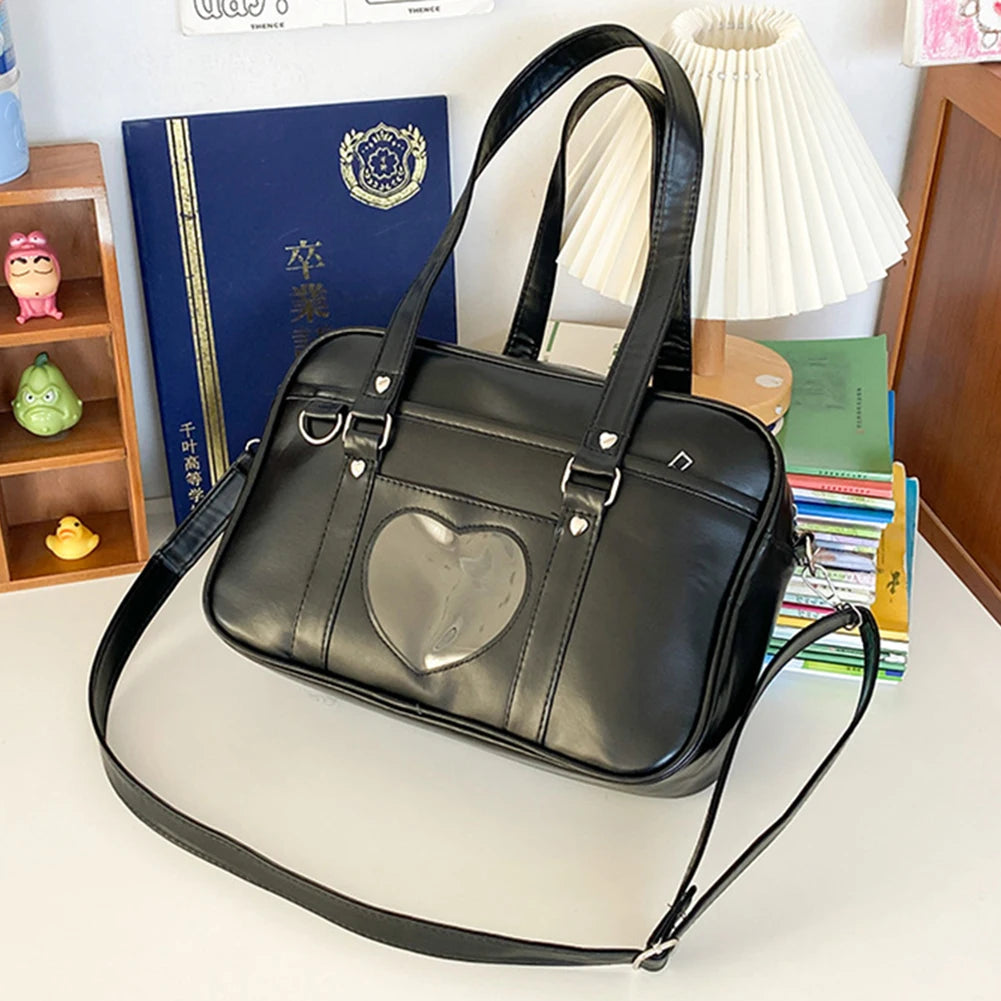 Women Anime Crossbody Bag Transparent Love Heart PU Japanese School Bag Adjustable Strap Shoulder Uniform Bag Chic Commuting Bag
