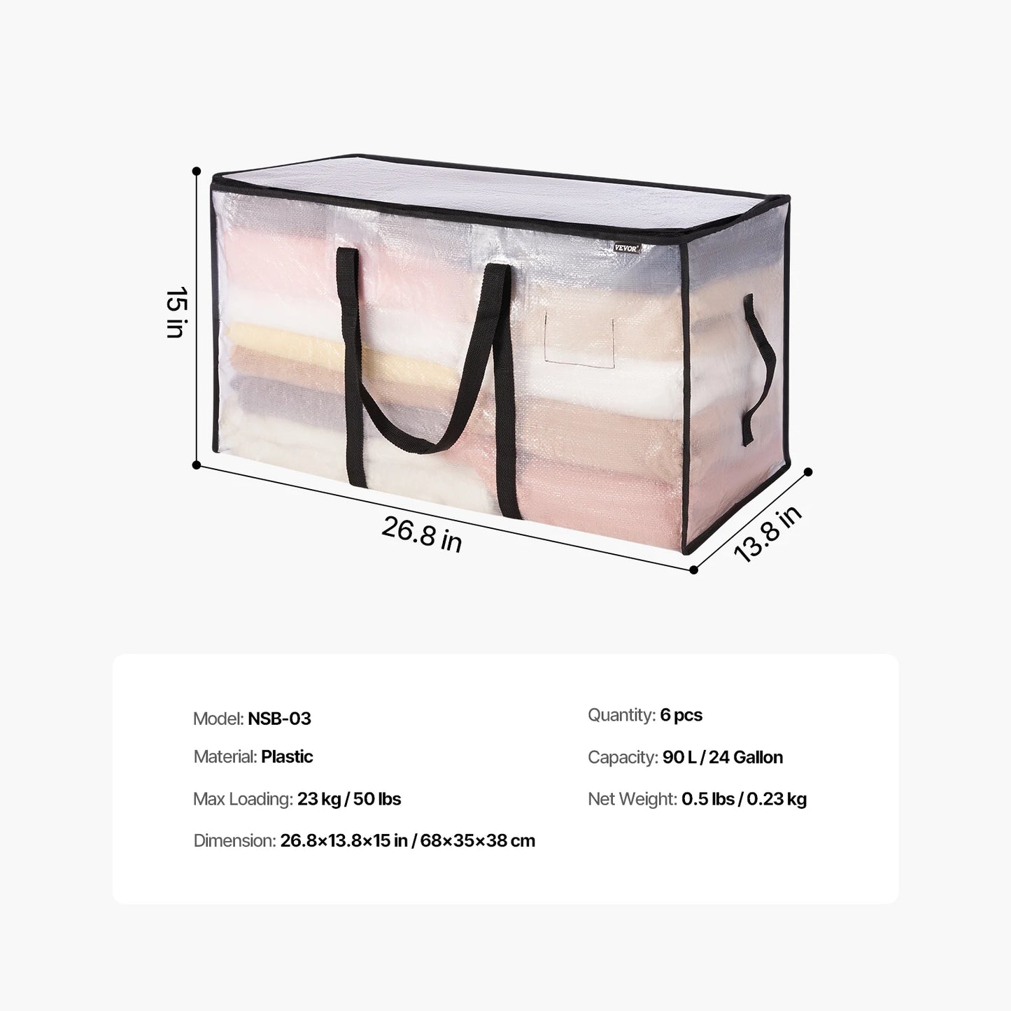 VEVOR 60L/90L Large Storage Bags 6 Pack Clothes Storage Bins with Handle Foldable Closet Containers for Home Bedsheet Pillow