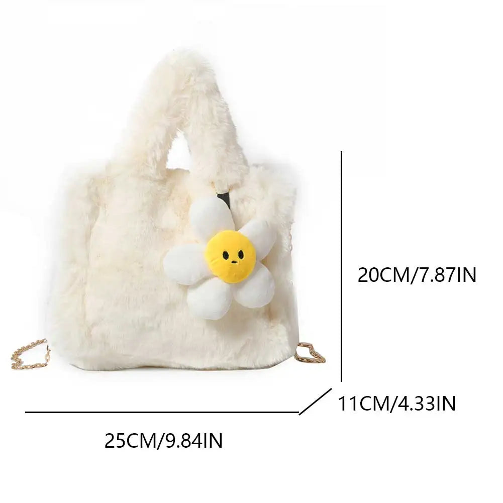 Women Plush Shoulder Bag with Chain Top Handle Bag Adjustable Strap Furry Purse Handbag for Work Travel