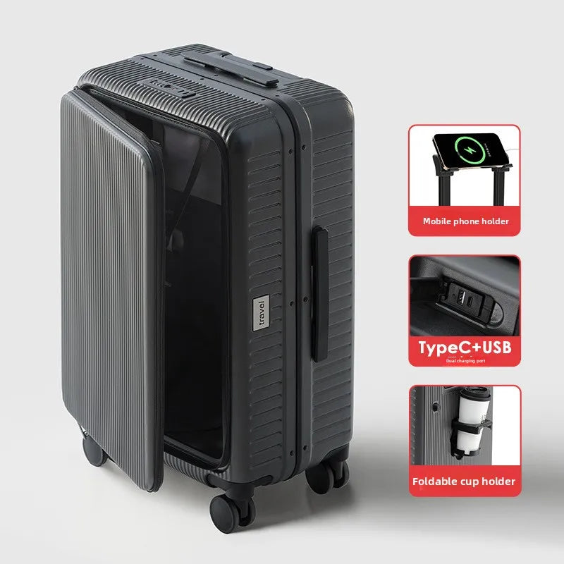 COLENARA High Quality Suitcase Front Opening Boarding Case Laptop Trolley Case USB Charging 20"24 Inch Carry-on Travel Luggage