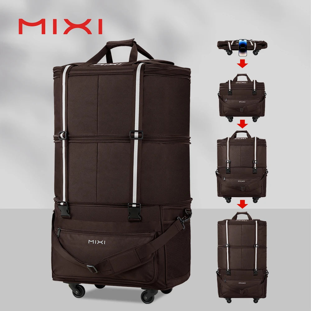 Mixi Foldable Travel Bag Hand Carry Duffel Bag with Wheels Expandable Rolling Travel Bag Large Capacity Waterproof Luggage Bag