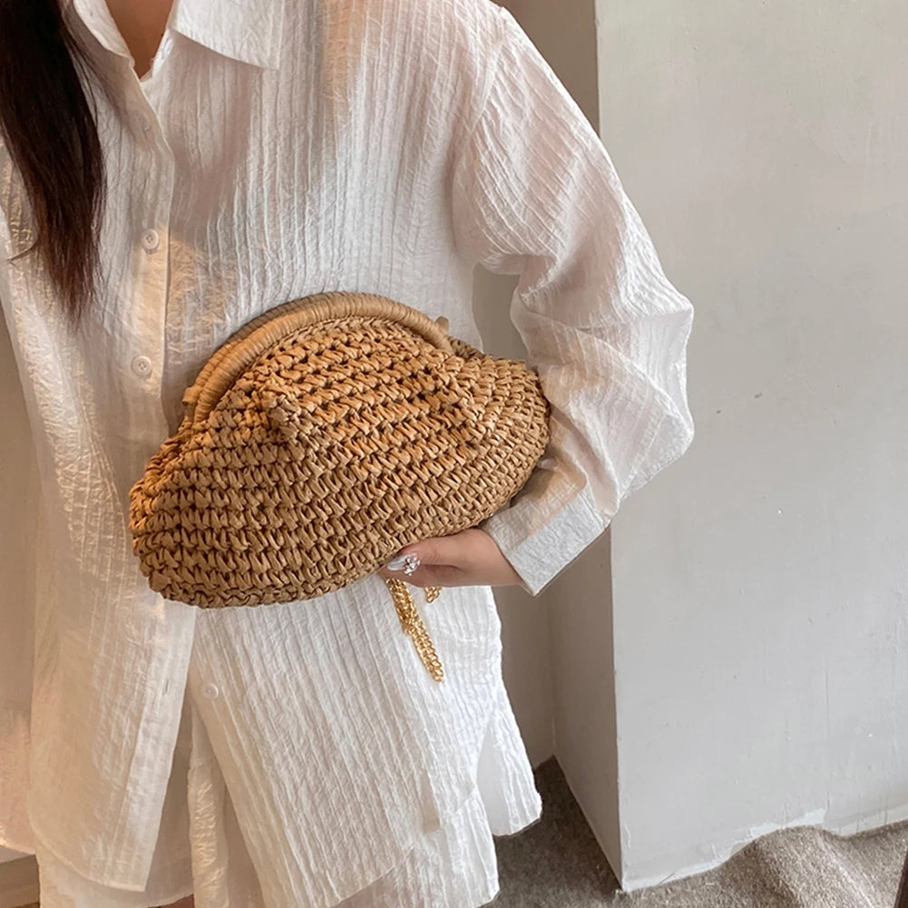 Women Straw Woven Bag Handmade Fashion Shoulder Bag Large Capacity Stylish Crossbody Bag Solid Color for Party Vacation
