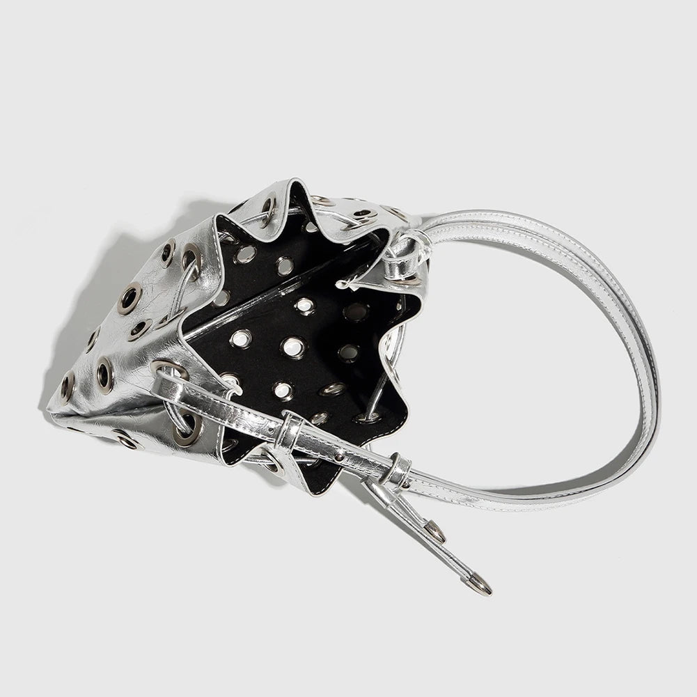 Women Metal Stud Y2k Shoulder Bag Large Capacity Retro Hollow Handbag PU Leather Trendy Rivet Sling Bag Work Date Travel Bag