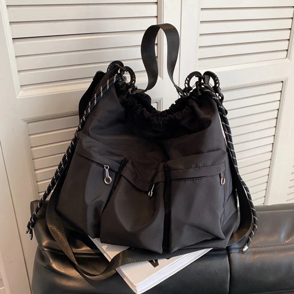 Unisex Simple Shoulder Bags Oxford Cloth Drawstring Black Shopping Bag Multi-pocket Lage Capacity Versatile Outdoor Daily Bag