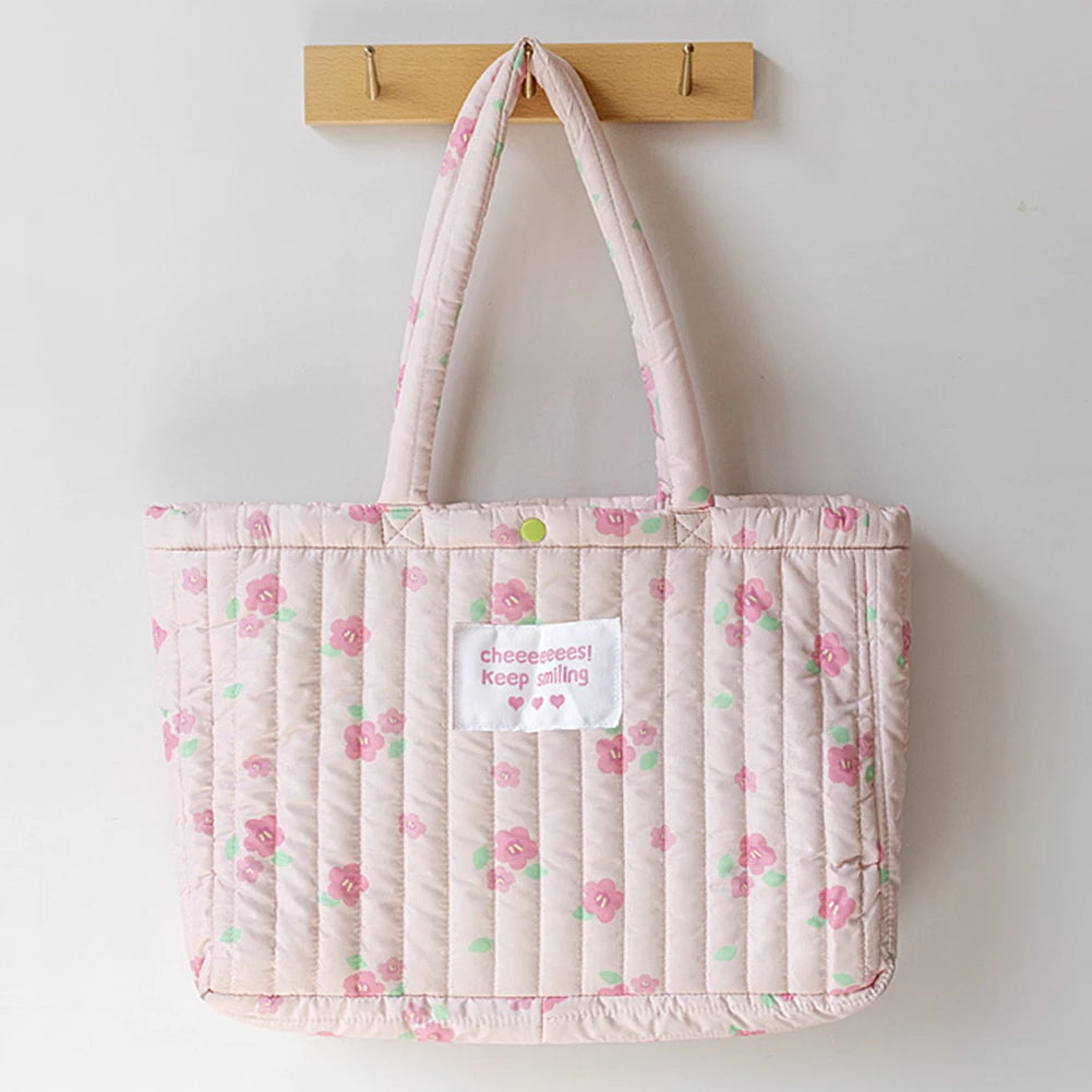 Women Printed Padded Sling Bag Large Capacity Floral Puffer Communting Bag Lightweight Multifunctional Ladies Girls Utility Bag
